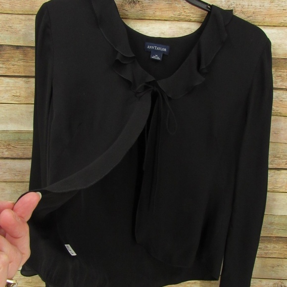 Ann Taylor Black Split Front Tie Collar Silk Cover M - Picture 9 of 15